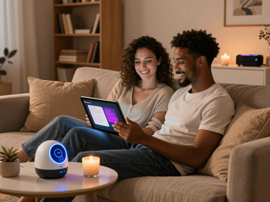 Engaging couple using AI sex technology in a cozy, intimate space.