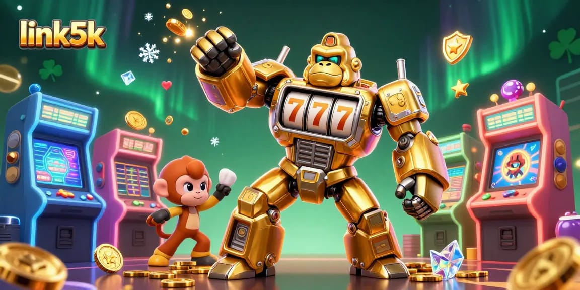 Win big with link5k in this vibrant, dynamic casino-themed illustration showcasing a golden gorilla mech and 3D arcade machines.