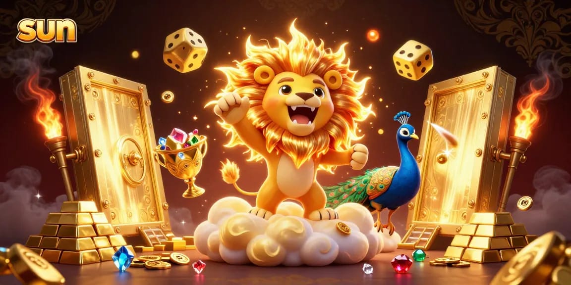 Engage with sun-themed casino excitement featuring dynamic golden dice and treasure illustrations.