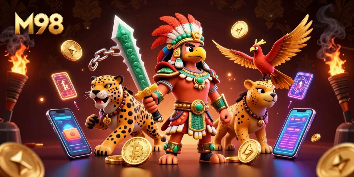 Experience M98's dynamic gaming with Aztec warriors and crypto elements in a vibrant casino scene.