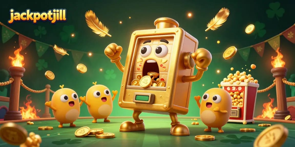Experience the jackpotjill excitement with golden slot machines celebrating wins amidst a vibrant casino atmosphere.