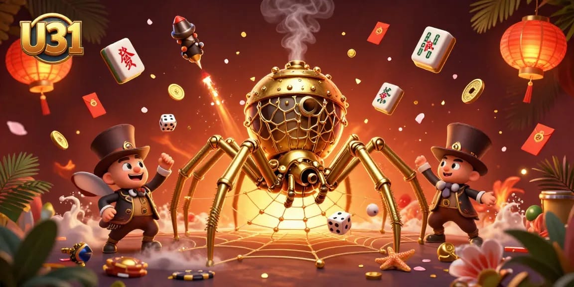 U31 engages players with a golden spider weaving luck-filled chains and trapping dice in a vibrant casino world.