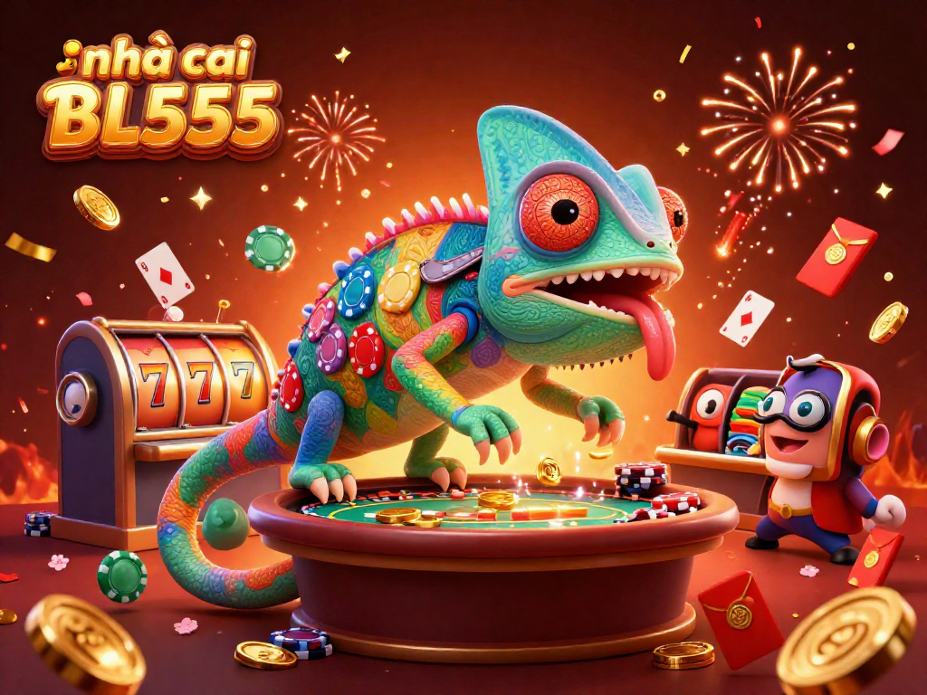 Experience fun at nhà cái BL555 with a vibrant illustration of a chameleon casino owner and engaging game elements.