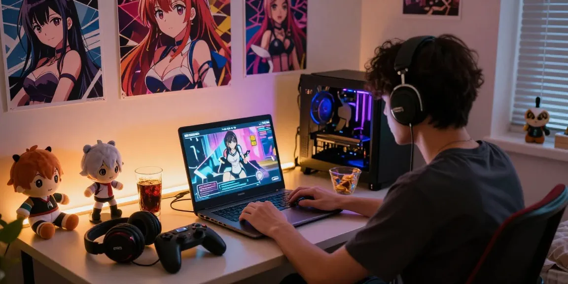 Player enjoying an ecchi game online in a cozy gaming space with posters and snacks.
