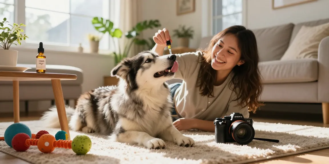 Happy dog enjoying cbd oil for dogs canada in a cozy living room.