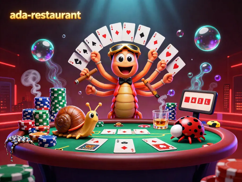 Experience thrilling action at ada-restaurant with a dynamic casino scene featuring vibrant characters and poker elements.