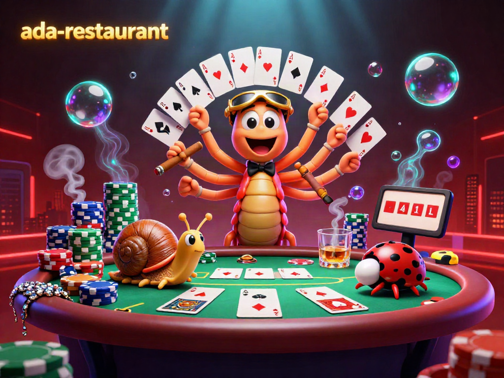 Experience thrilling action at ada-restaurant with a dynamic casino scene featuring vibrant characters and poker elements.