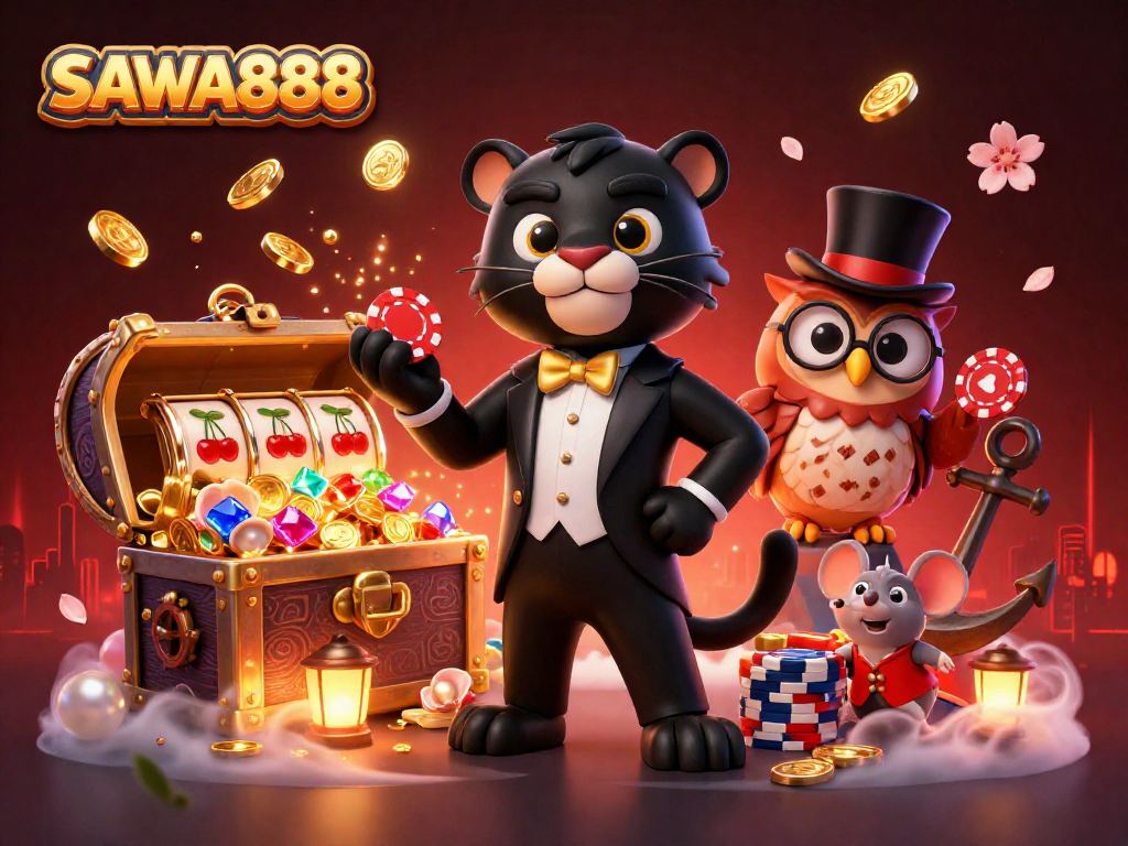 Experience the thrilling gaming action at SAWA888 with a stylish panther dealer, owl, and lucky mouse surrounded by vibrant slots and treasures.