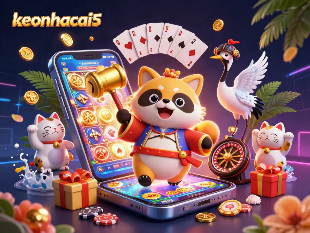 Win big with keonhacai5 in a vibrant casino scene featuring lucky characters and gaming elements.