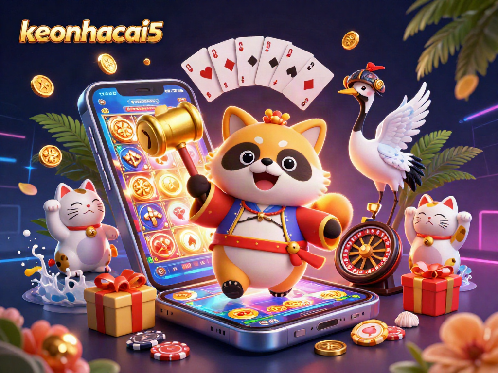 Win big with keonhacai5 in a vibrant casino scene featuring lucky characters and gaming elements.