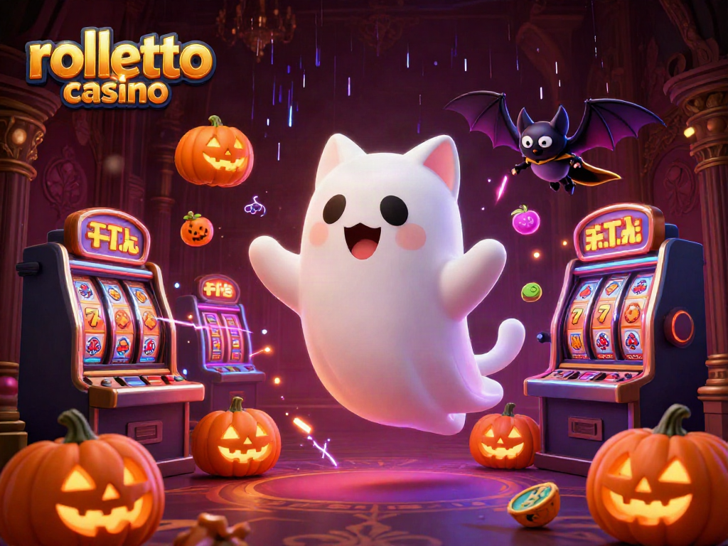 Engage with rolletto casino through vibrant 3D illustration of a ghost cat and slot machines.