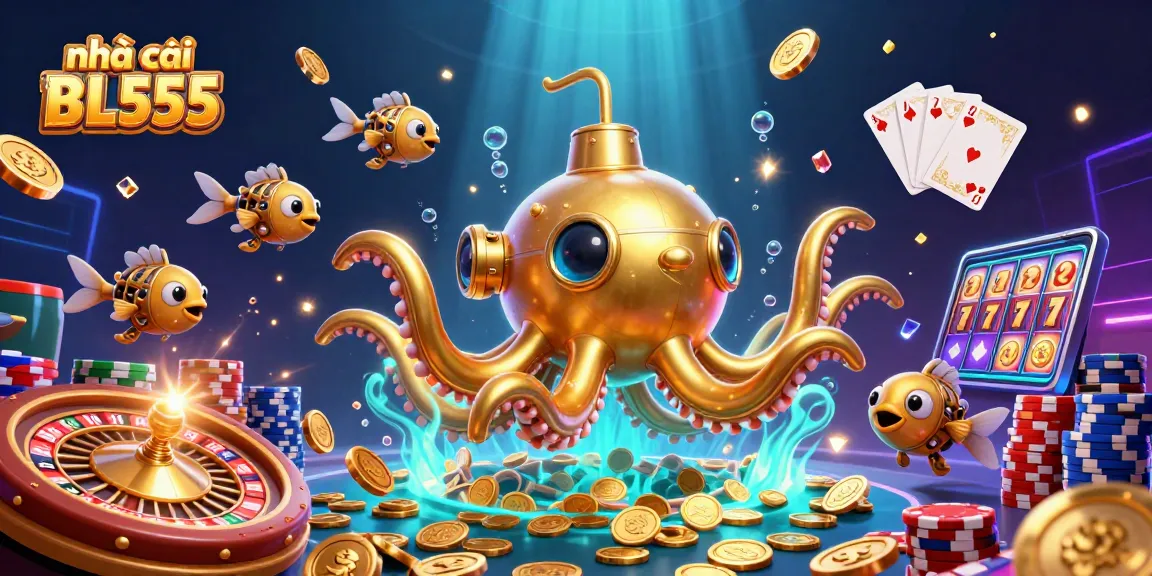 Experience the excitement of nhà cái BL555 with a vibrant underwater casino scene of the golden kraken and shimmering coins.