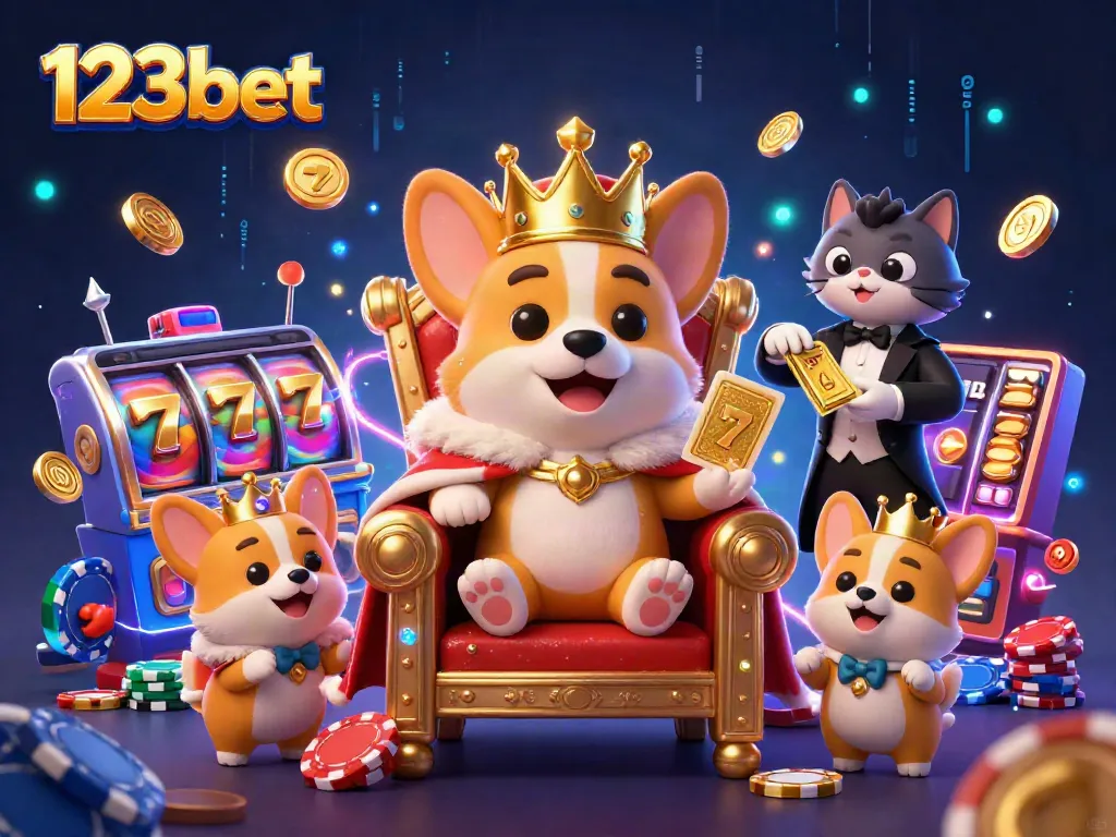 Experience the thrill of 123bet with an engaging 3D illustration of the royal corgi king amid vibrant casino elements.
