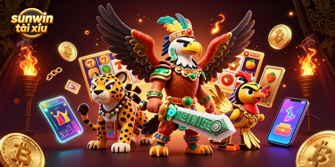 Play sunwin tài xỉu with vibrant slot reels, Aztec warriors, and crypto elements for an engaging experience.