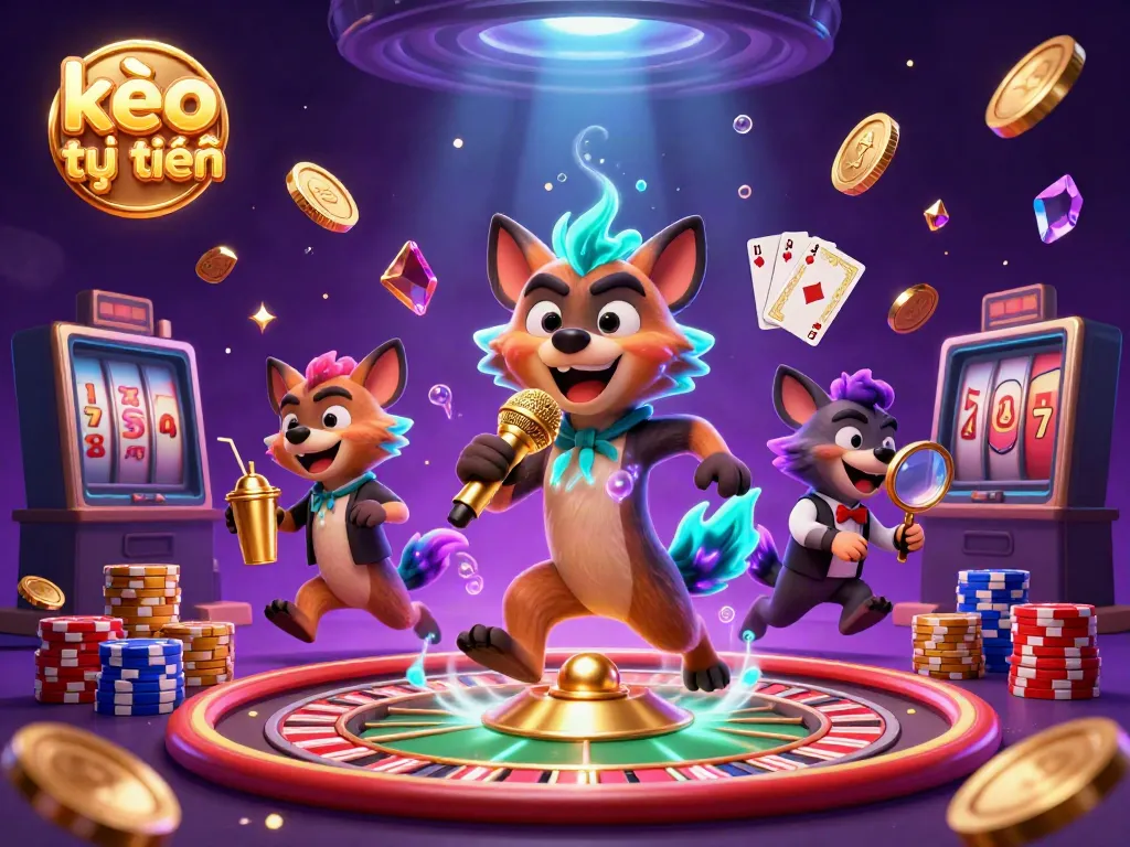 Bettors enjoy kèo trực tuyến with vibrant cartoon hyenas at a sports betting casino.