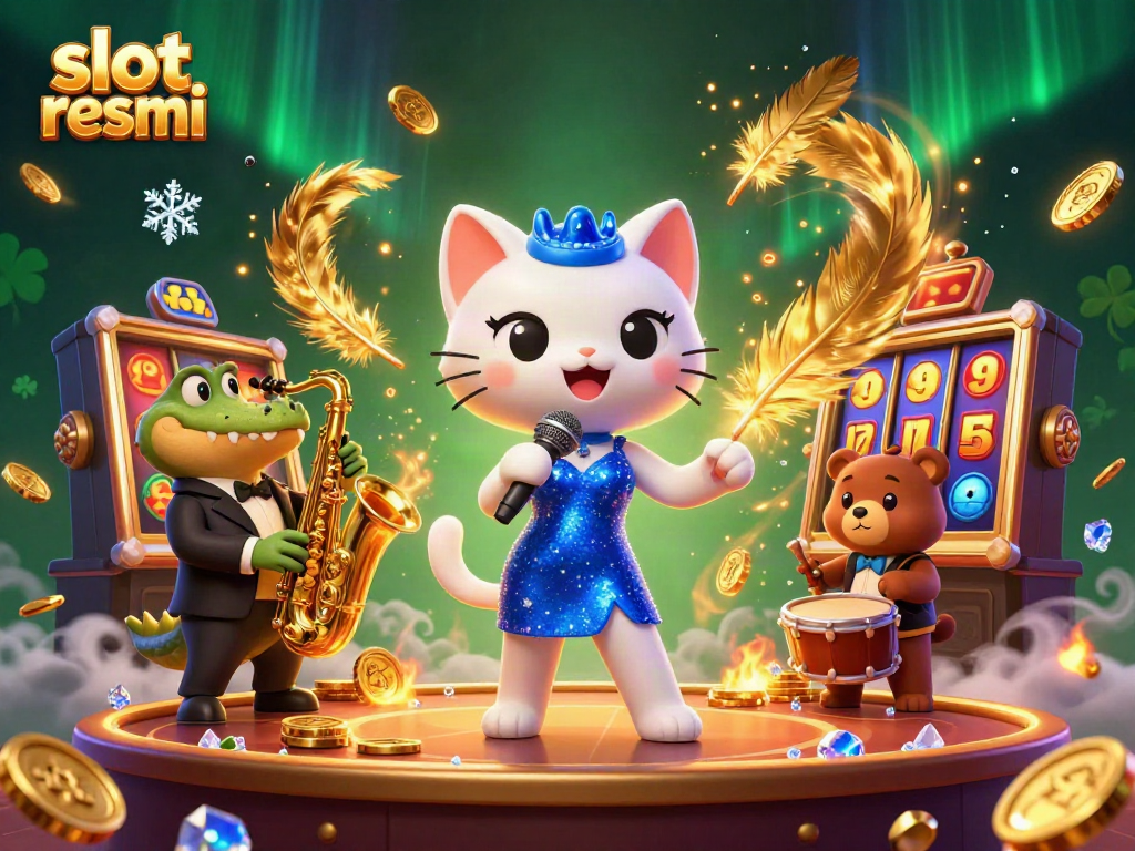 Engaging scene showing a 3D cartoon jazz-singer cat, sax-playing crocodile, and drum-playing bear in a vibrant casino setting centered around slot resmi.