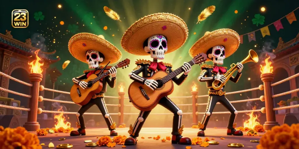 Engage with 23WIN at a festive casino night featuring a vibrant skeleton mariachi band.