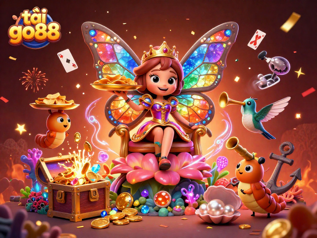 Experience the thrill of tải go88 with vibrant gaming elements, featuring a whimsical butterfly queen amidst golden treasures and magical visuals.