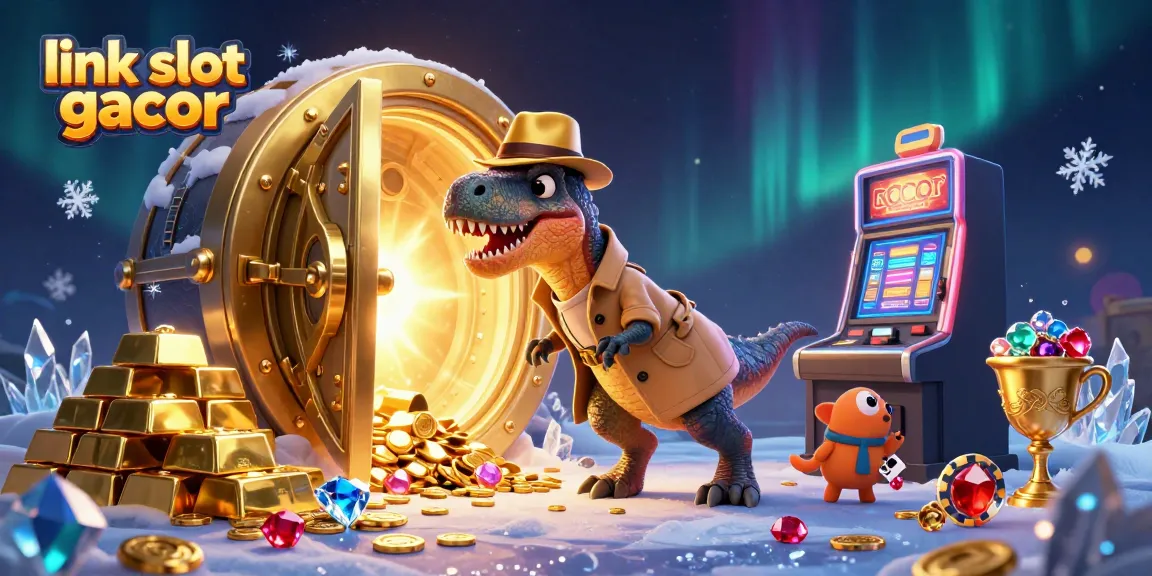 Watch a velociraptor card counter and stegosaurus pit boss in a rich casino scene filled with gems and gold, promoting link slot gacor.