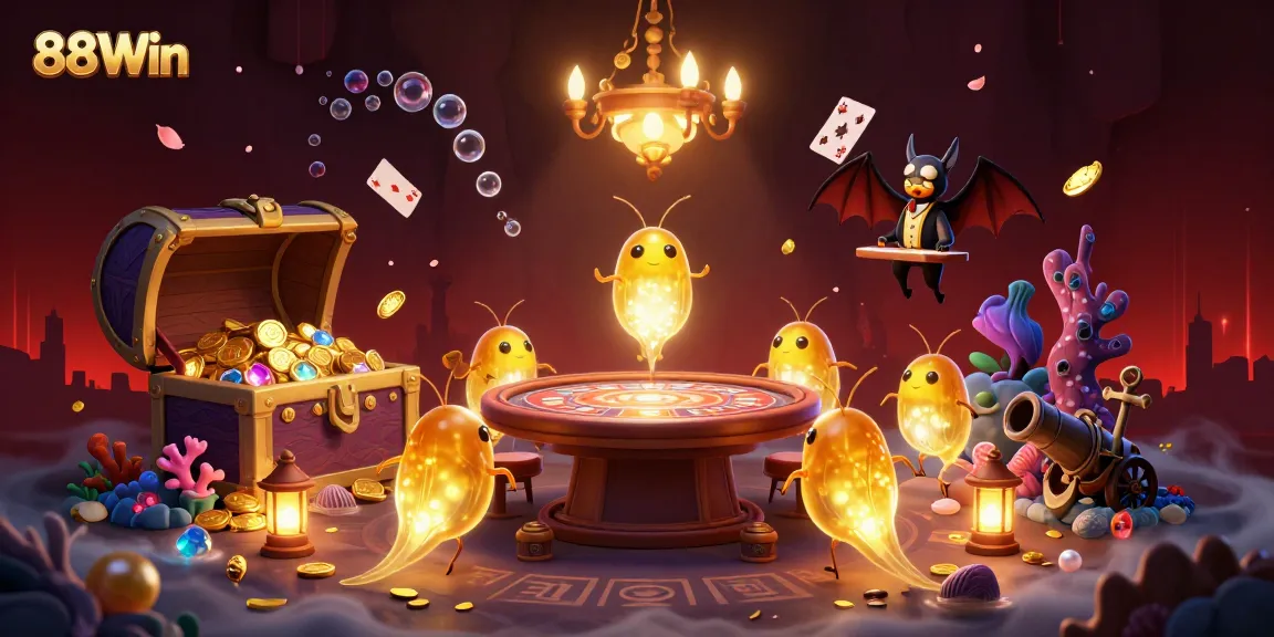 Experience the vibrant world of 88Win casino with a unique glowworm team illuminating their cave-themed games and treasures.