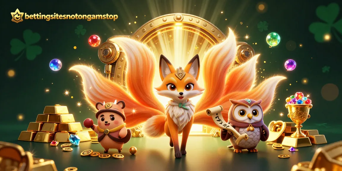 The nine-tailed fox spirit and wise owl sage illuminate the world of bettingsitesnotongamstop with treasure and magic.