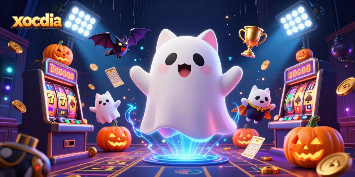 Xocdia game scene featuring a ghost cat and a bat in a haunted casino setting, surrounded by dynamic slot elements.