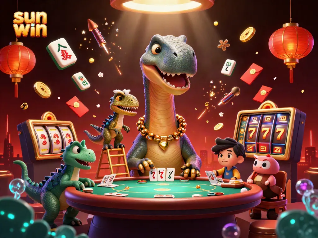 Experience the vibrant sun win casino action with a whimsical dinosaur and clever raptor in a dynamic gaming scene.