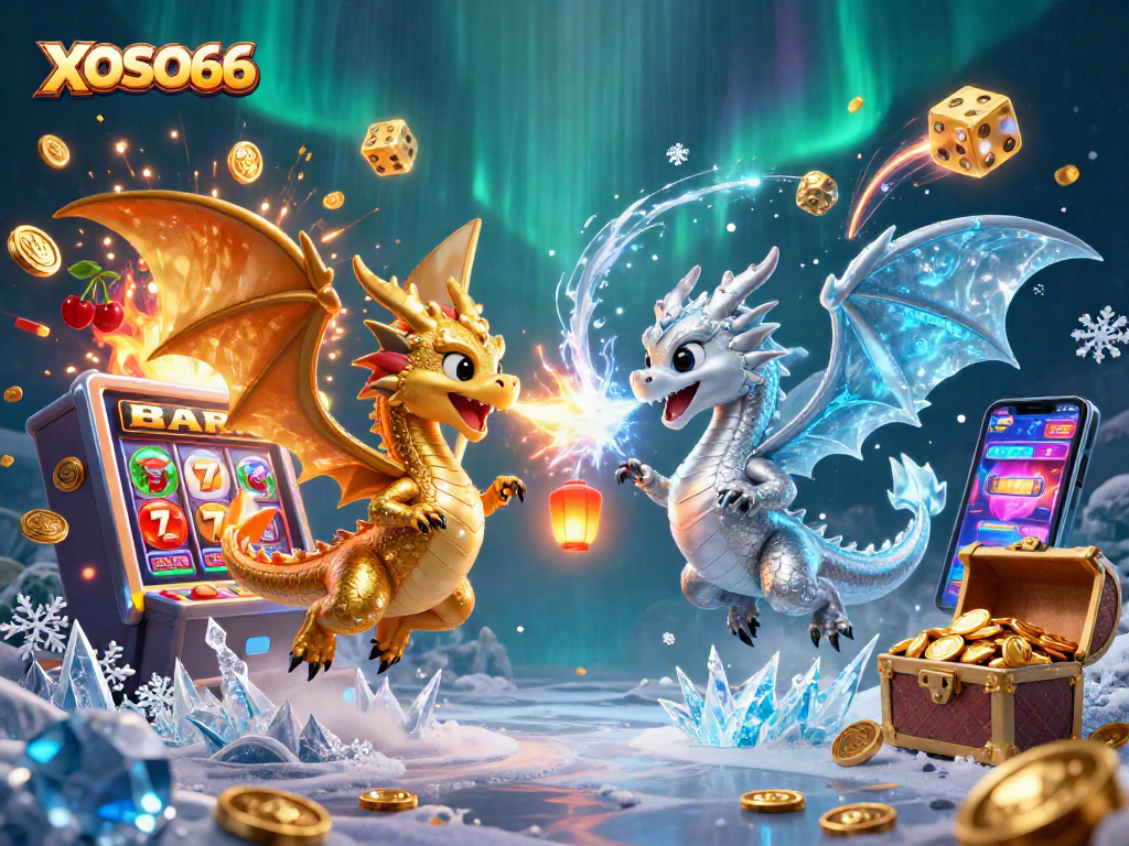 XOSO66 showcases epic dual dragons in a dynamic casino scene filled with jackpots and game elements.