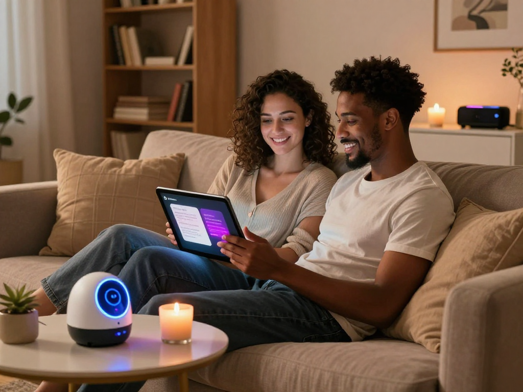 Engaging couple using AI sex technology in a cozy, intimate space.