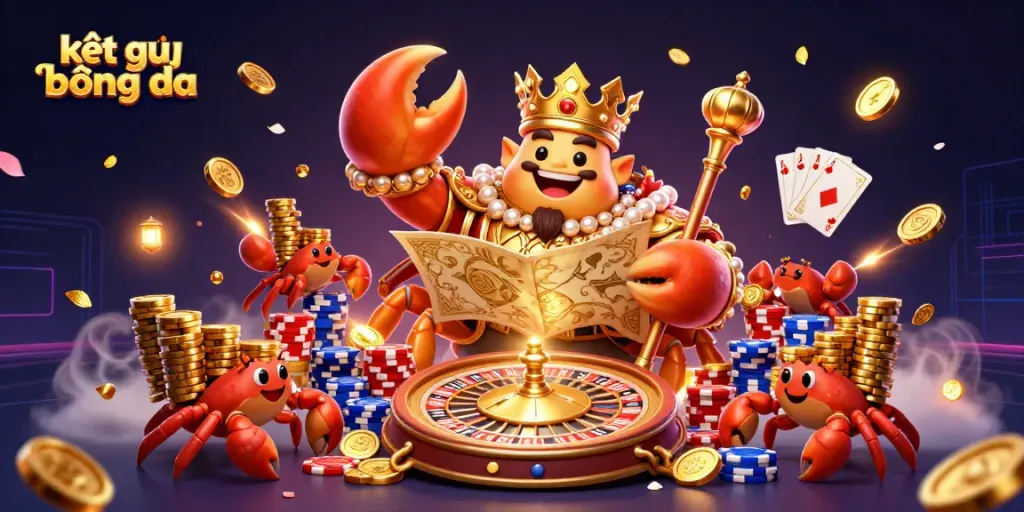 Experience the excitement of kết quả bóng đá with a vibrant, detailed scene showcasing a golden crab emperor and dynamic casino elements.
