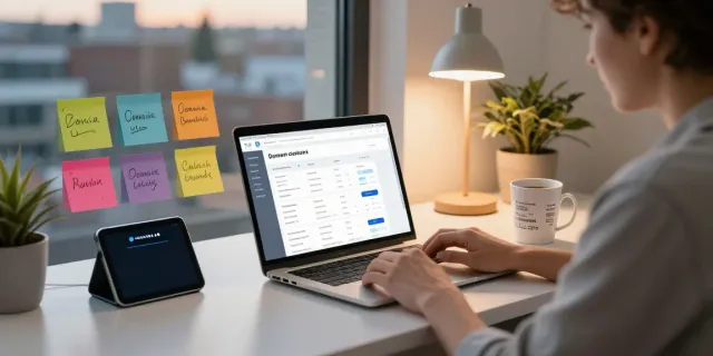 Entrepreneur engaging in domain registration UK from a stylish workspace with a laptop and creative brainstorming elements.