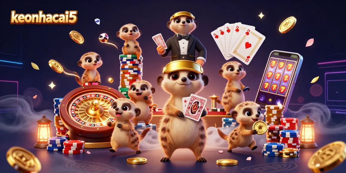 Engage with keonhacai5 in a vibrant casino scene featuring playful meerkat characters and exciting gaming elements.