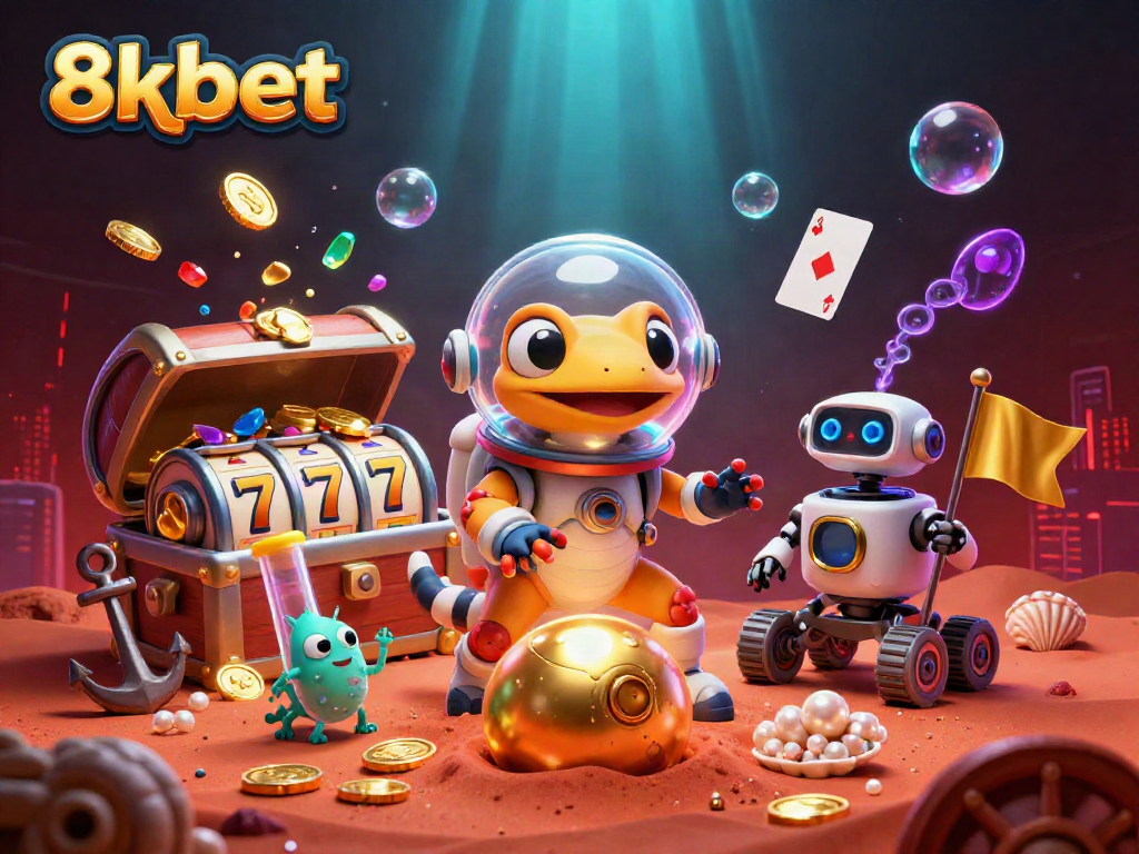 Engage with the vibrant gameplay of 8xbet at a golden Martian casino, featuring thrilling slot machines and cheering aliens.
