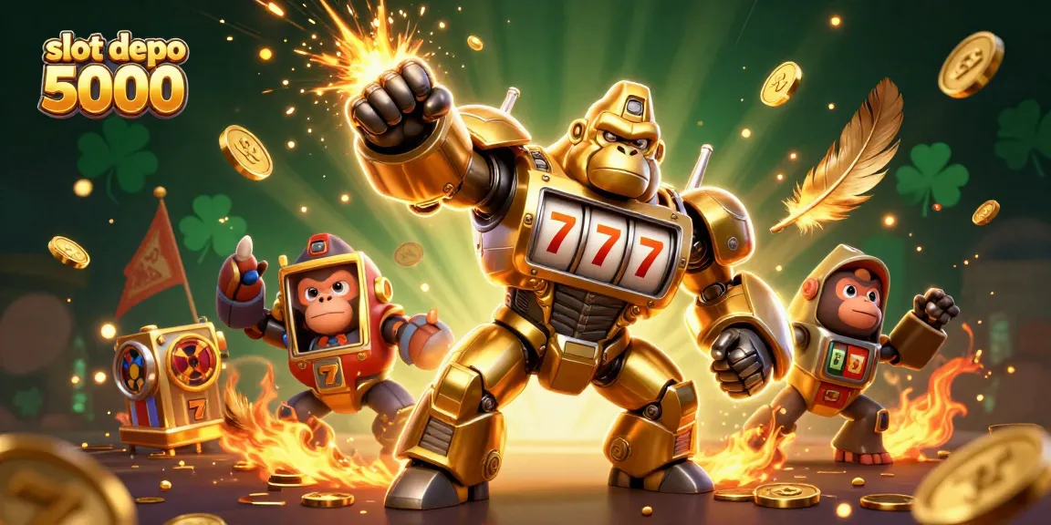 Play at slot depo 5000 with spinning reels, a golden mech gorilla, and thrilling casino elements.