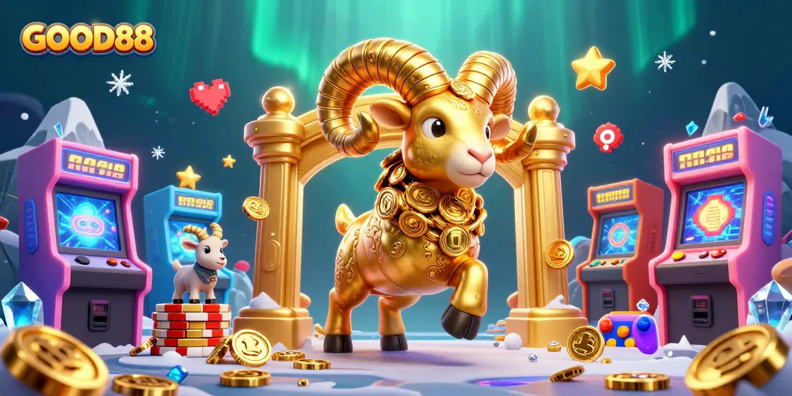 Experience the excitement of GOOD88 with a golden ram charging through a vibrant casino scene.