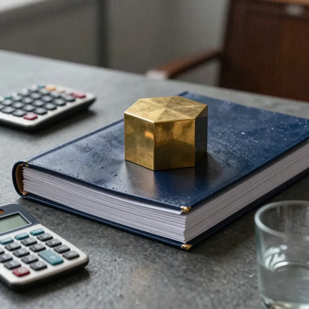 Brass hex paperweight on navy investor folio with folders, calculator and glass on slate.