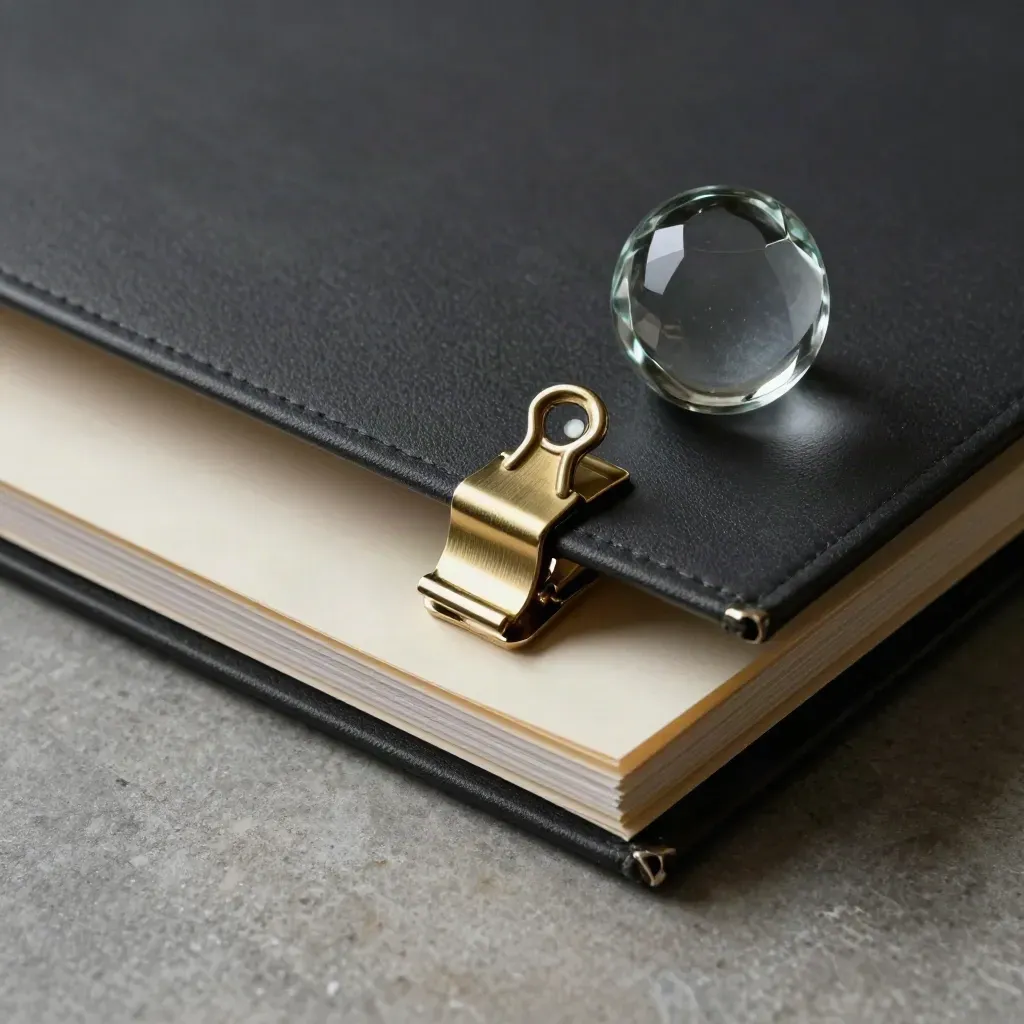 Overhead macro of a charcoal legal binder snapping shut on sealed folders beside glass and brass