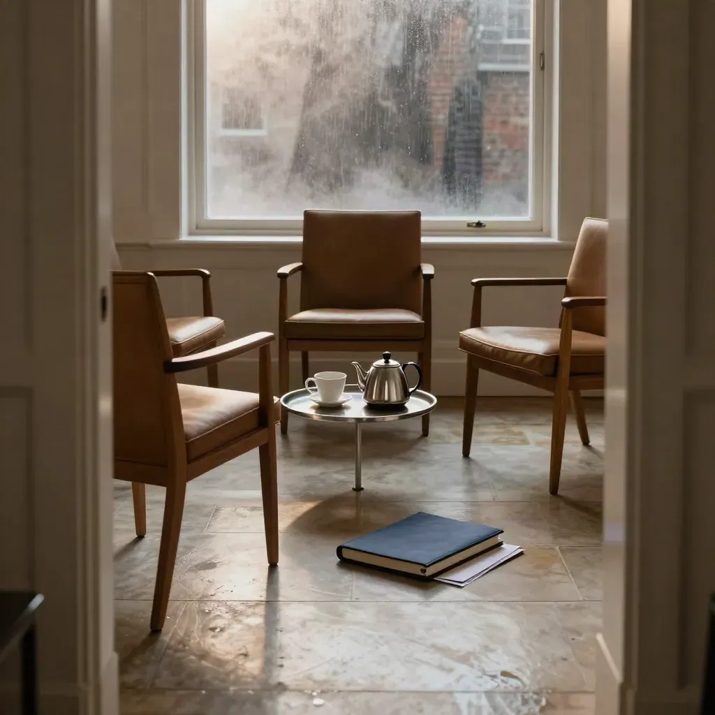 Rain-darkened London meeting room with tea tray, closed folio, and empty chairs by a misted window.
