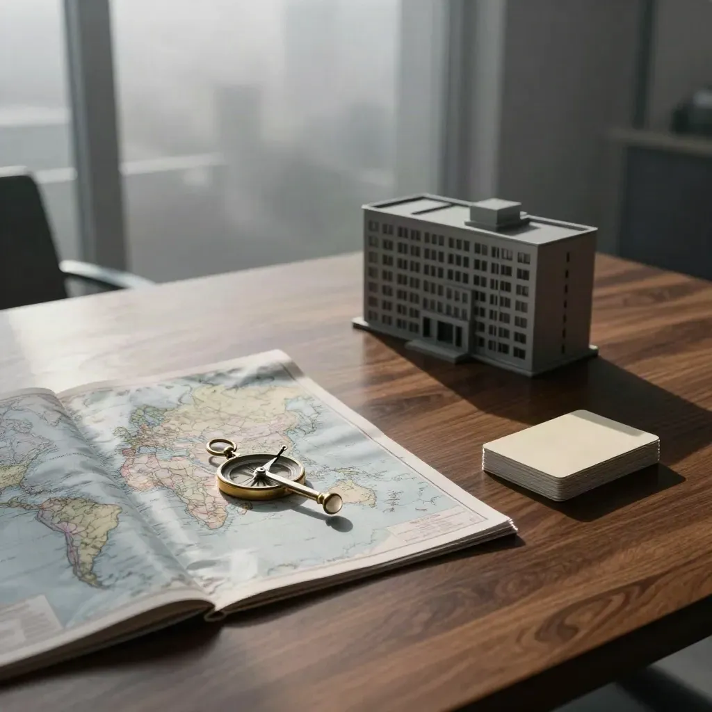 Walnut boardroom scene with compass, face-down atlas, cards and office model in foggy light