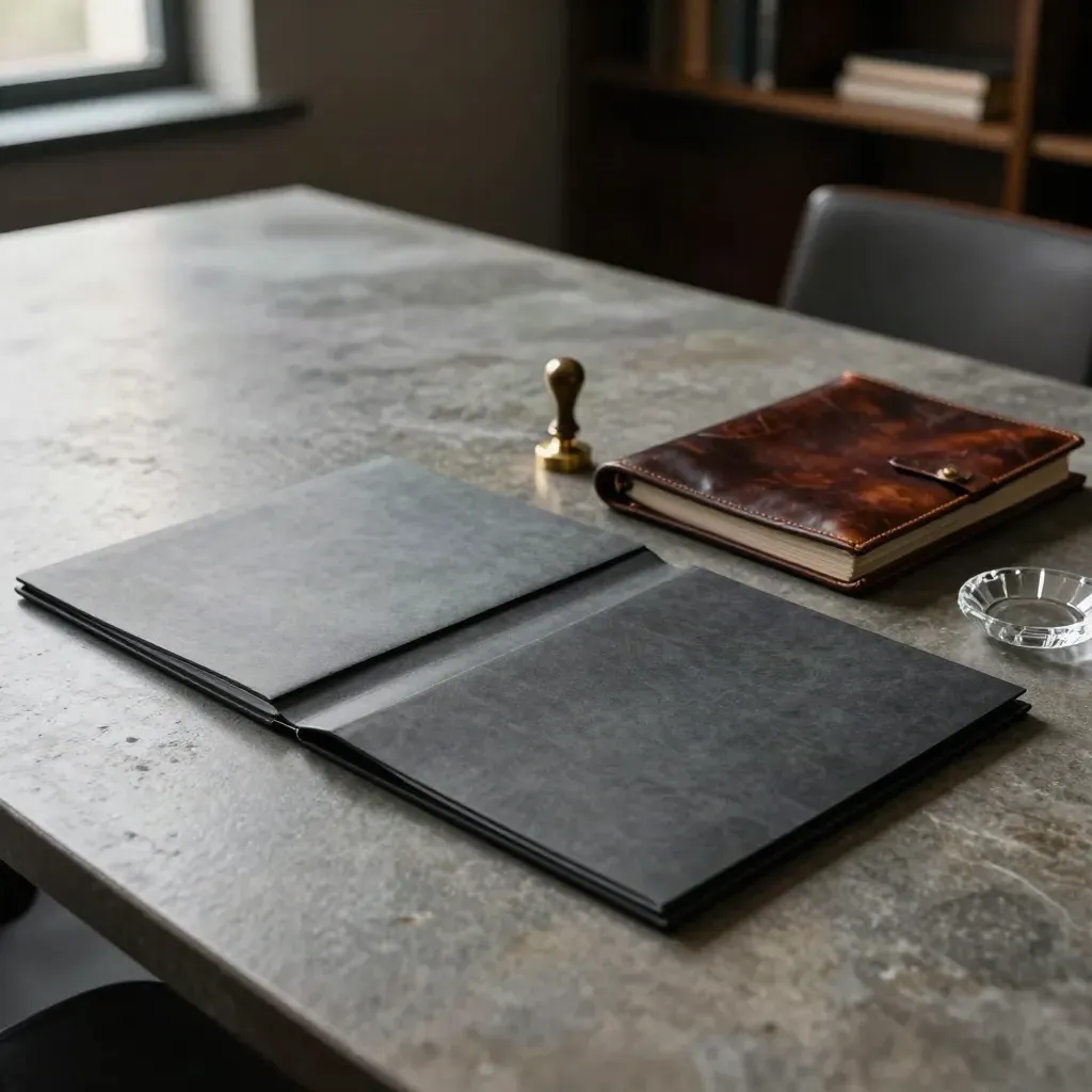 Finance folders, brass stamp, leather dossier and crystal dish on a stone table