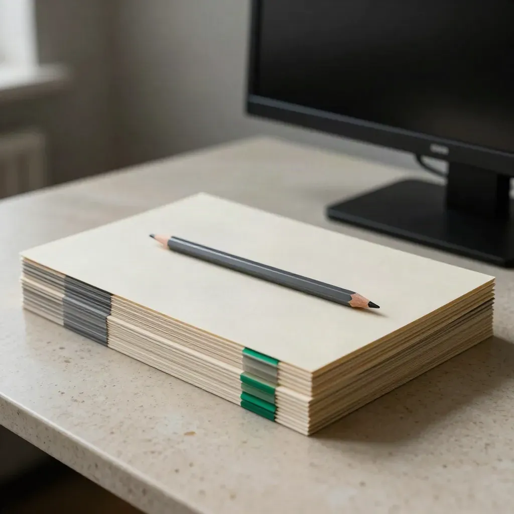 Travertine conference ledge with blank sleeves, colour tabs, pencil, and a black monitor glow.