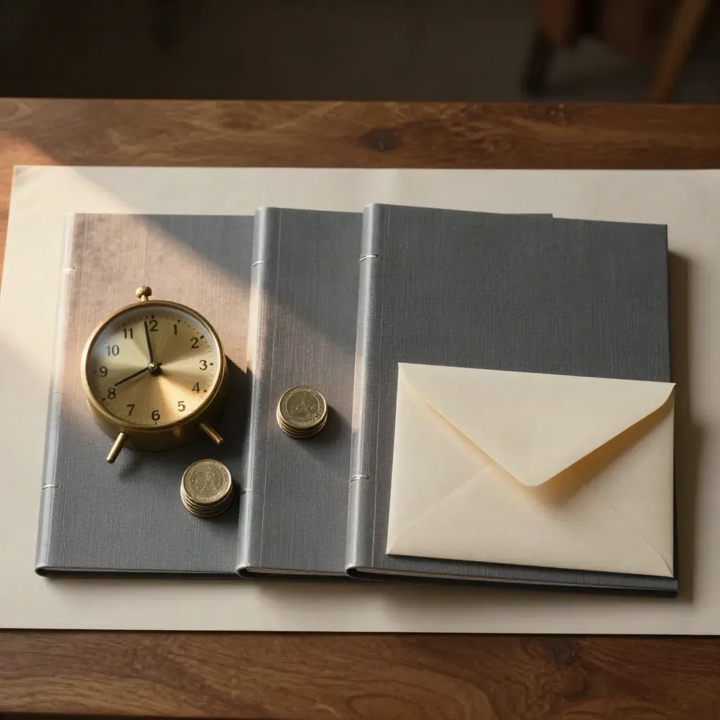 Overhead flat lay of binders, brass clock, coin stack and folded envelope on walnut