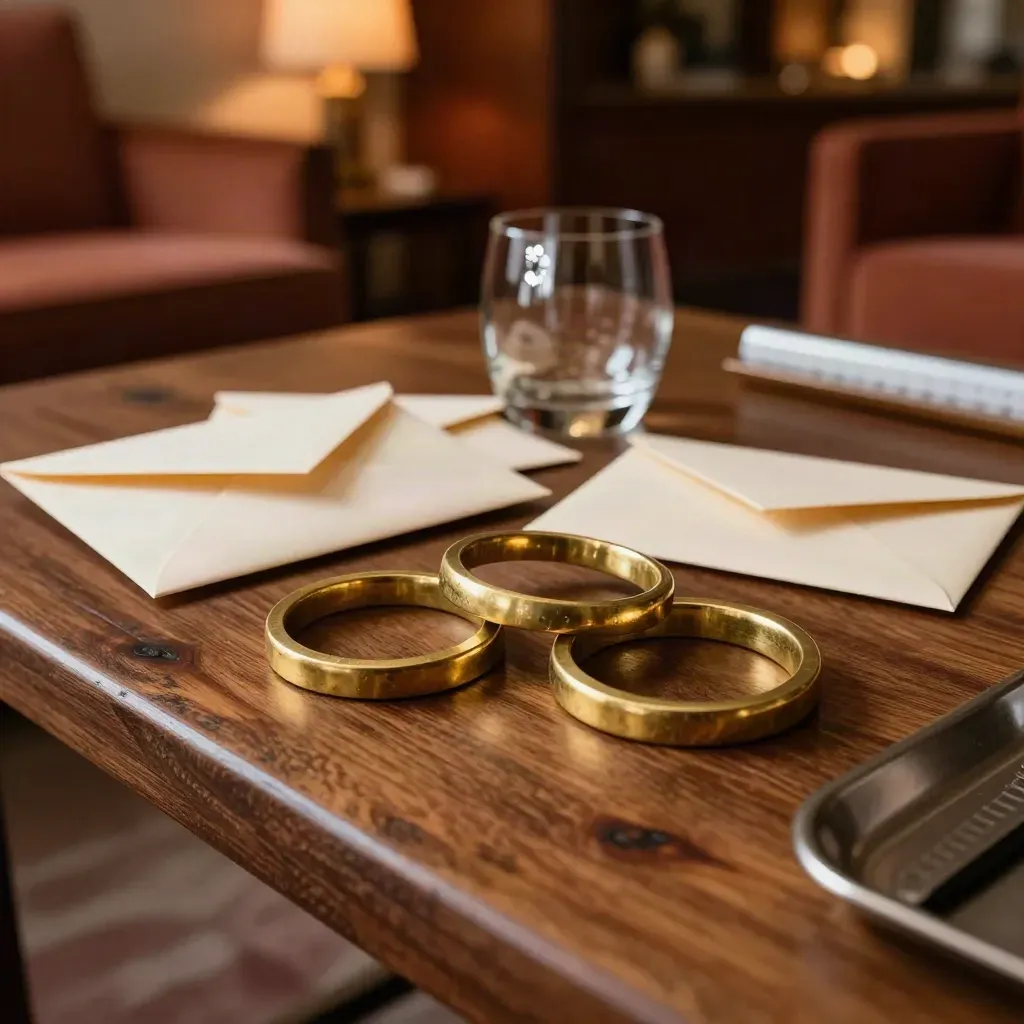 Brass rings, sealed envelopes and a glass tumbler on a walnut lounge table in warm twilight.