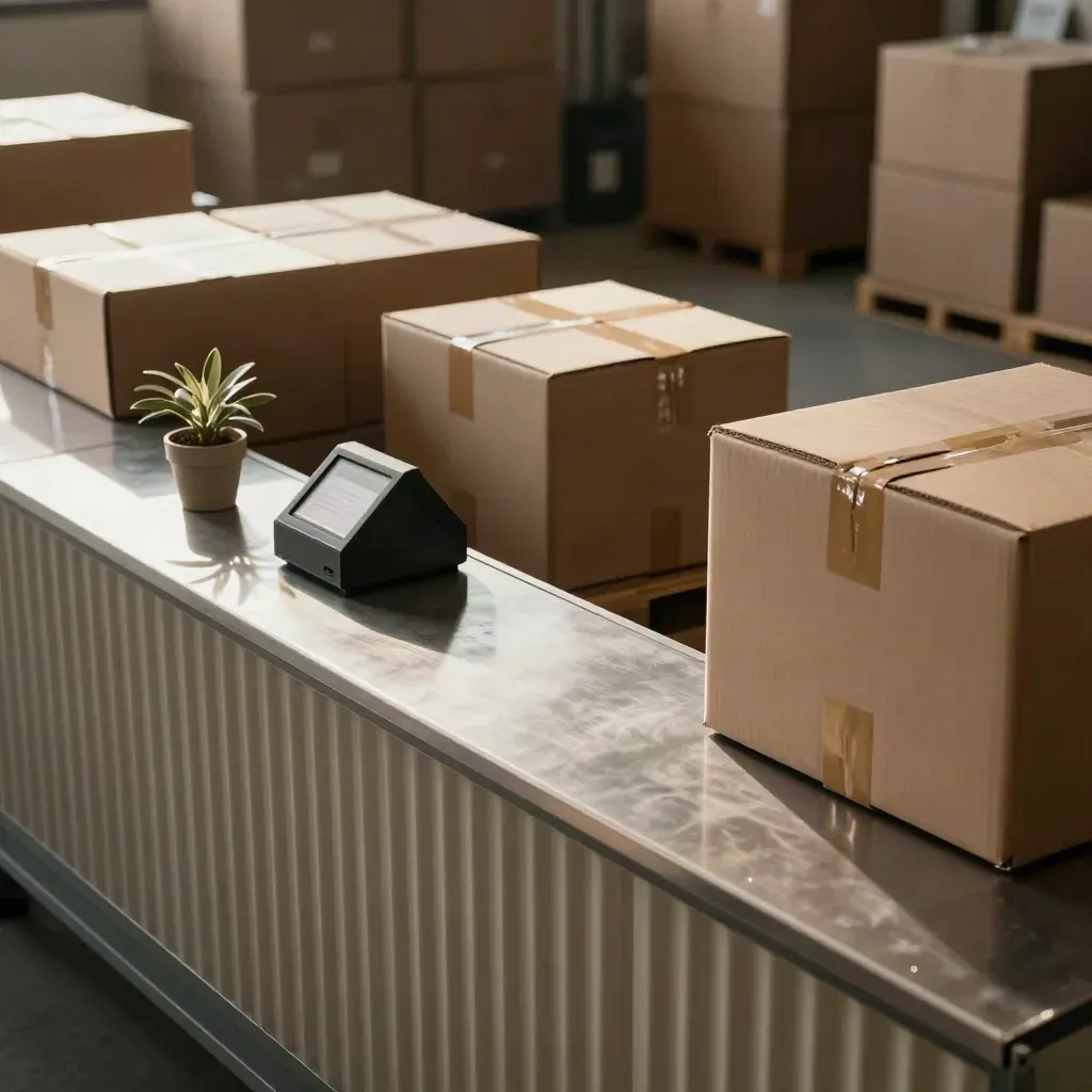 Warehouse mezzanine counter with boxes, terminal, plant and metal tray in warm morning light.