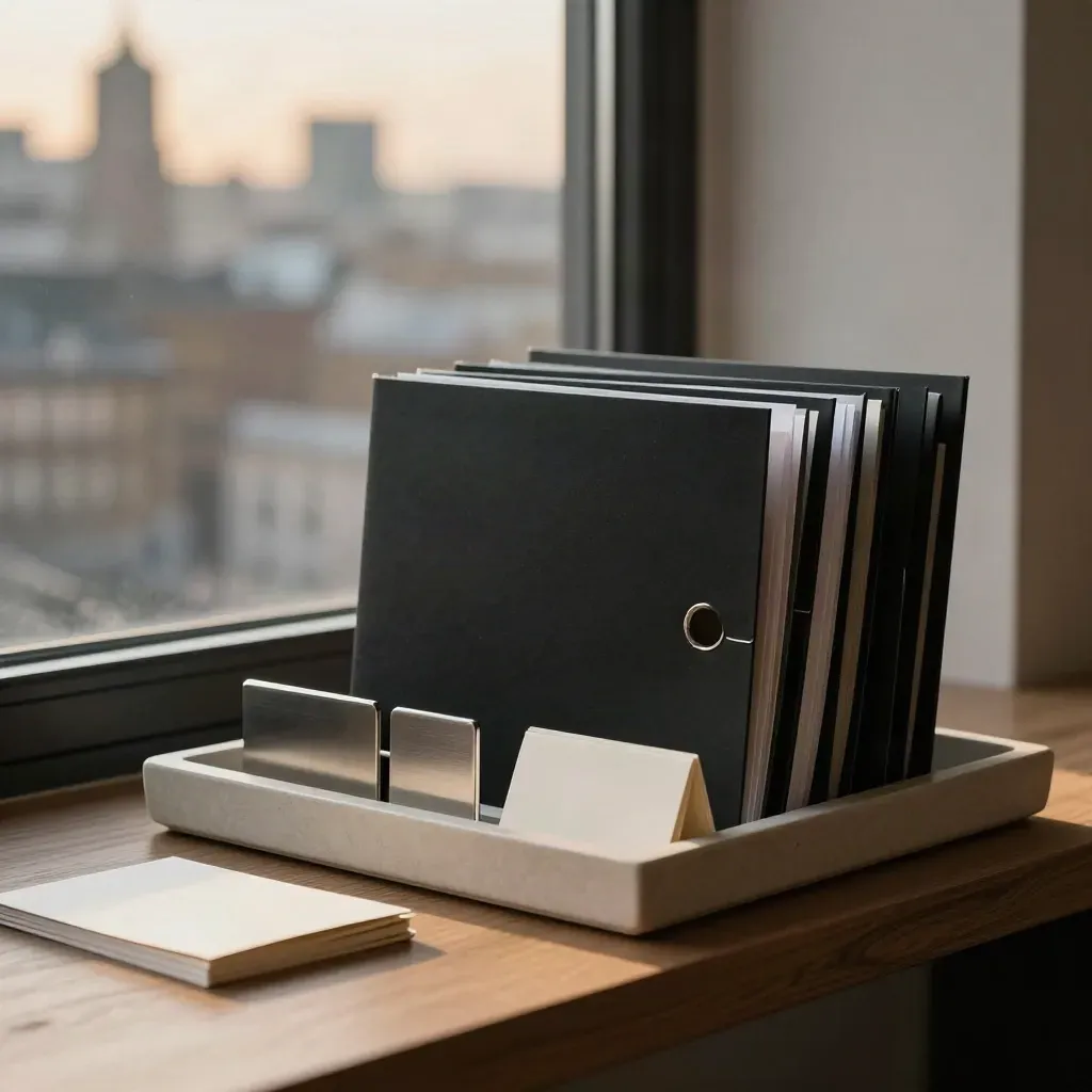 Black file sleeves on a stone tray by a London window, lit by warm late-afternoon light.