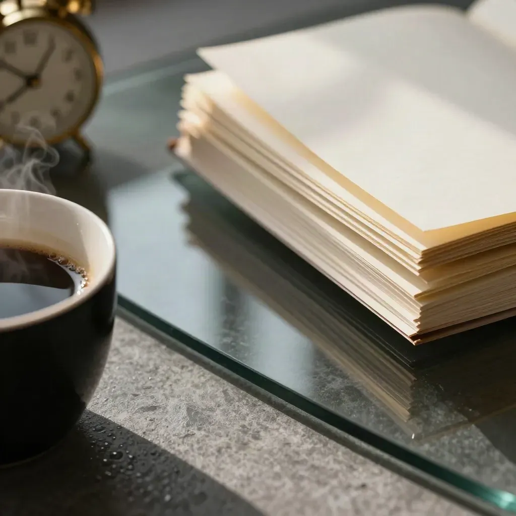 Steam rises from a black cup beside a brass clock and briefing folios on dark glass.