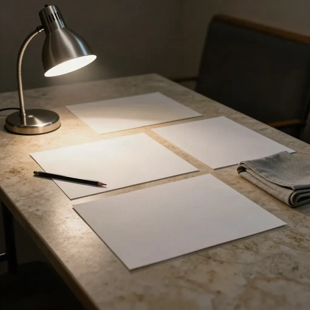 Pitch deck sleeves and a lamp on a limestone table in a moody advisory room.