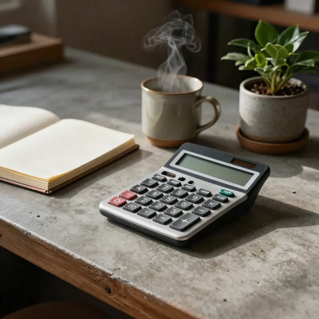 Finance workbench with calculator, notebook, mug and emerald plant in warm dusted light.