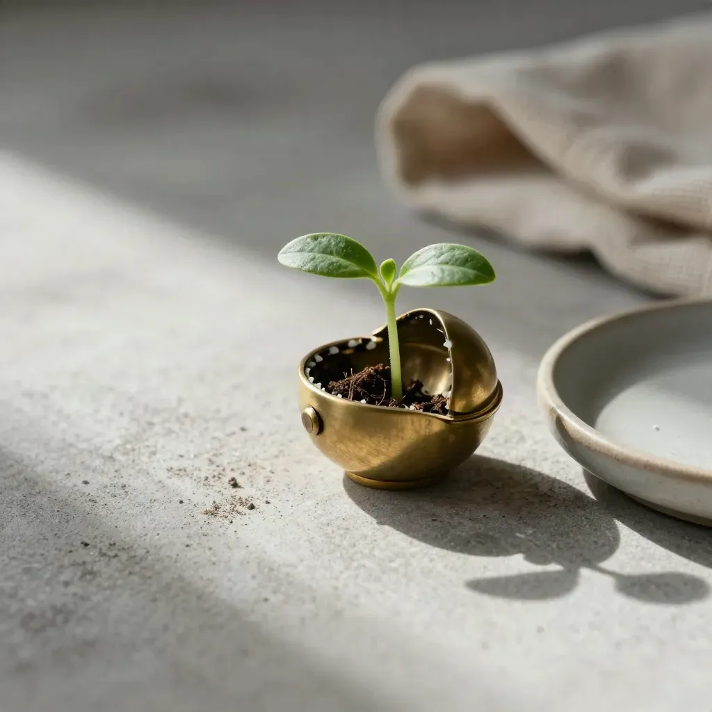 Brass seed-pod paperweight, sprout, linen cloth and ceramic dish on pale concrete.