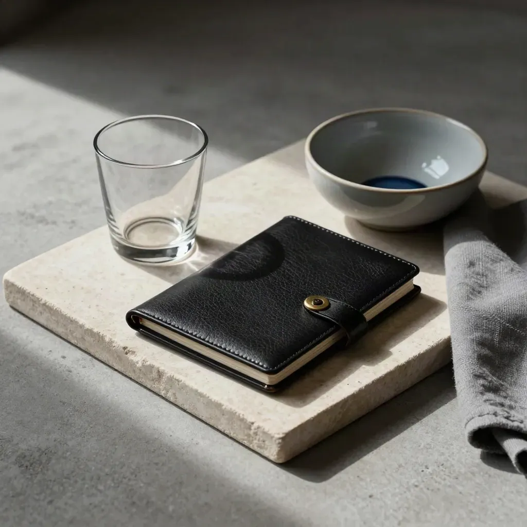 Black leather address book, smoked tumbler, grey cloth and ceramic bowl on a stone tray.